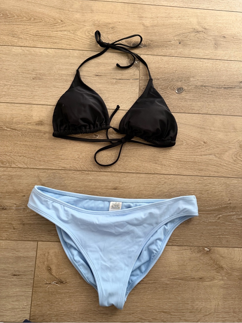 Shade & Shore Black Triangle Bikini Top with Light Blue Bottom